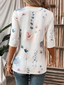 EMERY ROSE Summer Women's Floral Leaf Printed Patchwork 2 In 1 T-Shirt Graphic Tees Women Tops - White - View 2