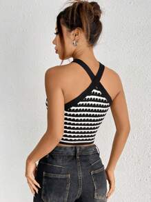 SHEIN EZwear Summer Cross Neck Black & White Striped Knitted Top