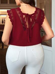 Reflora Plus Contrast Lace Tie Back Elegant Blouse For Summer - Burgundy - View 1
