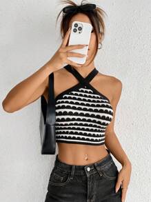 SHEIN EZwear Summer Cross Neck Black & White Striped Knitted Top