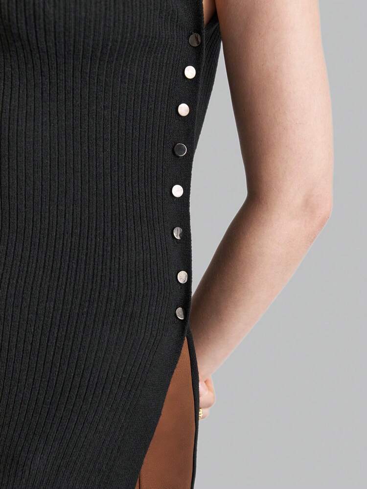 Women's Side Slit Long Hooded Sleeveless Colorblock Knit Top, Autumn Back To School