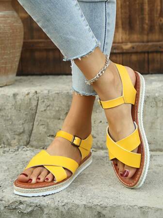 New Women's Summer Cross Toe Flat Sandals, Thick Sole Woven  Rope, Fashionable And Simple Casual Beach Shoes