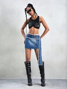 Denim Rock mit Schnallengürtel Detail