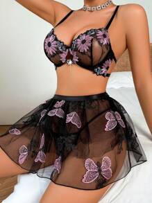 Sexy Mesh Embroidered Women's Lingerie Set With Underwire, 3pcs For Going Out - Multicolor - View 4