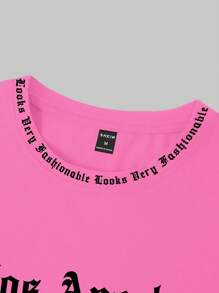 Manfinity Roghcode 男士夏季字母印花圓領短袖休閑T恤 - 玫紅色 - 查看 5