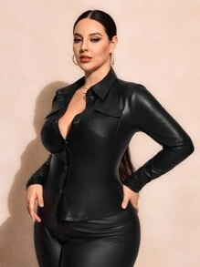 SHEIN SXY Plus Button Front PU Leather Shirt For Summer Button Up Shirt - Black - View 4