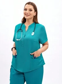 SHEIN TaskFit 大码女装 - 甜心 V 领黑色上衣，女式短袖 V 领护士服，带 4 个口袋 T 恤，美容院工作服