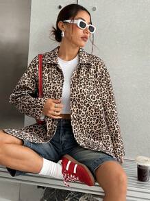SHEIN EZwear 女士休閒長袖合身編織豹紋外套 - 彩色 - 查看 3
