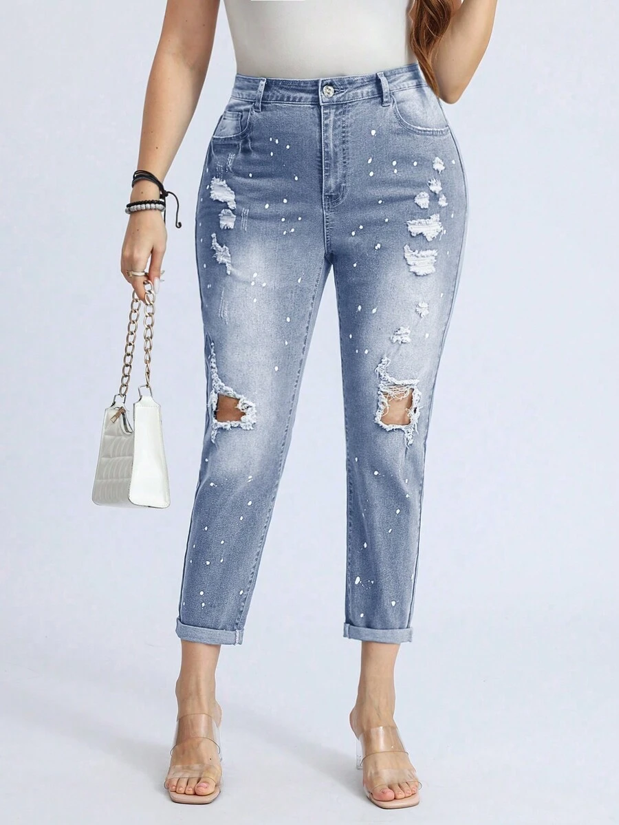 Vaqueros de talla grande para mujer con pierna recta y detalles desgastados con bolsillos - Lavado ligero - Ver 1