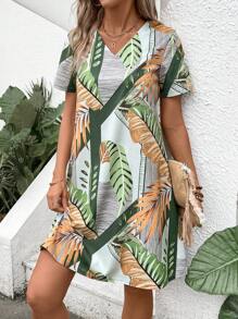INAWLY Women's Summer Holiday Casual Plant Printed Short Sleeve Dress