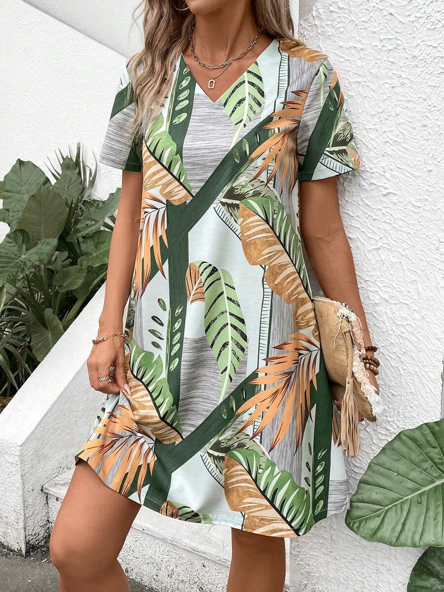 INAWLY Women's Summer Holiday Casual Plant Printed Short Sleeve Dress