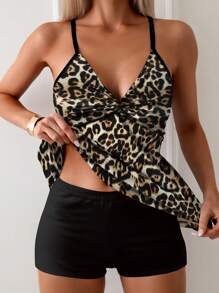 Leopard Print Cami Top & Solid Shorts Tankini Summer - Black - View 1