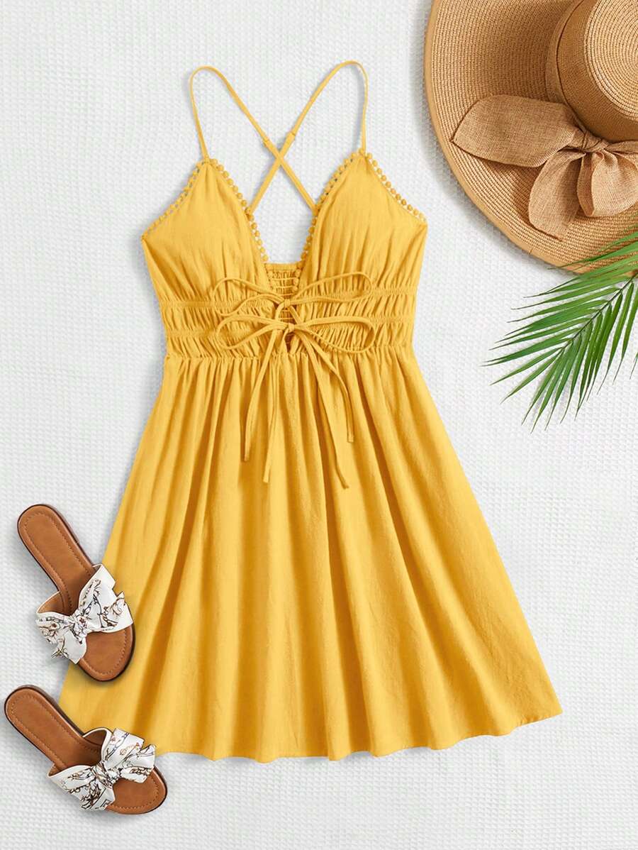 Soleia Tie Front Criss Cross Backless Cami Dress