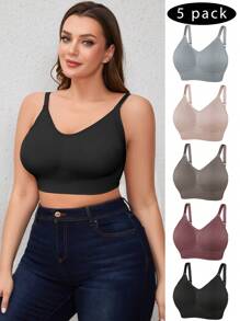 5pcs/Set Plus Size Solid Color Simple Wirefree Bra
