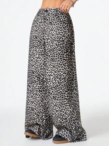 SHEIN EZwear Women's Y2K Streetwear Cool And Versatile Vintage Leopard Print Low Waist Wide Leg Pants - Khaki - View 5