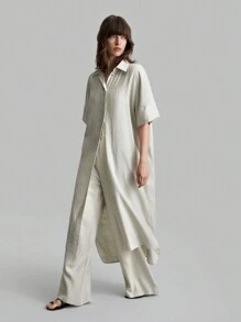 Ontre 2 件套女士开学季长款衬衫和裤子套装，秋季 - 綠色 - 查看 1