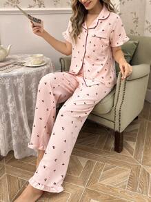 Contrasting Edging Lapel Collar Cherry Printed Top And Pants Women's Pajama Set - Pink - View 6