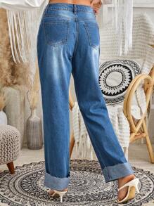 SHEIN VCAY 女式藍色寬鬆捲邊寬褲，性感 - 中等水洗藍 - 查看 2