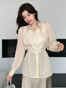 DAZY Women's Solid Color Sheer Long Sleeve Shirt,Fall Women Clothes - Apricot - View 4