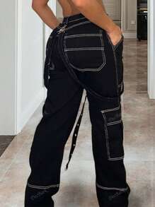 Pantalones casuales de mujer tipo utility con parches y cordón con ojetes