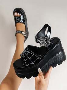 Nữ Màu Đen Bằng Sáng Chế Da Phong Cách Gothic Nêm Dép Có Khóa Nhện Dây Đeo Mắt Cá Chân Giày Đế - màu đen - Xem 2