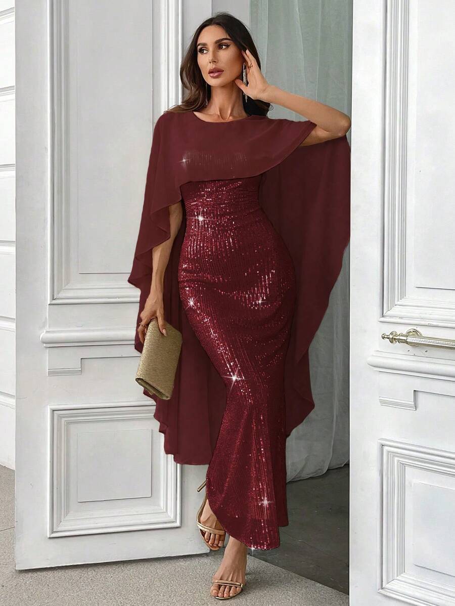 SHEIN Belle Khăn choàng sequin lấp lánh màu đỏ tía dành cho nữ, váy dạ hội dài thanh lịch - Màu Đỏ Sâu - Xem 1