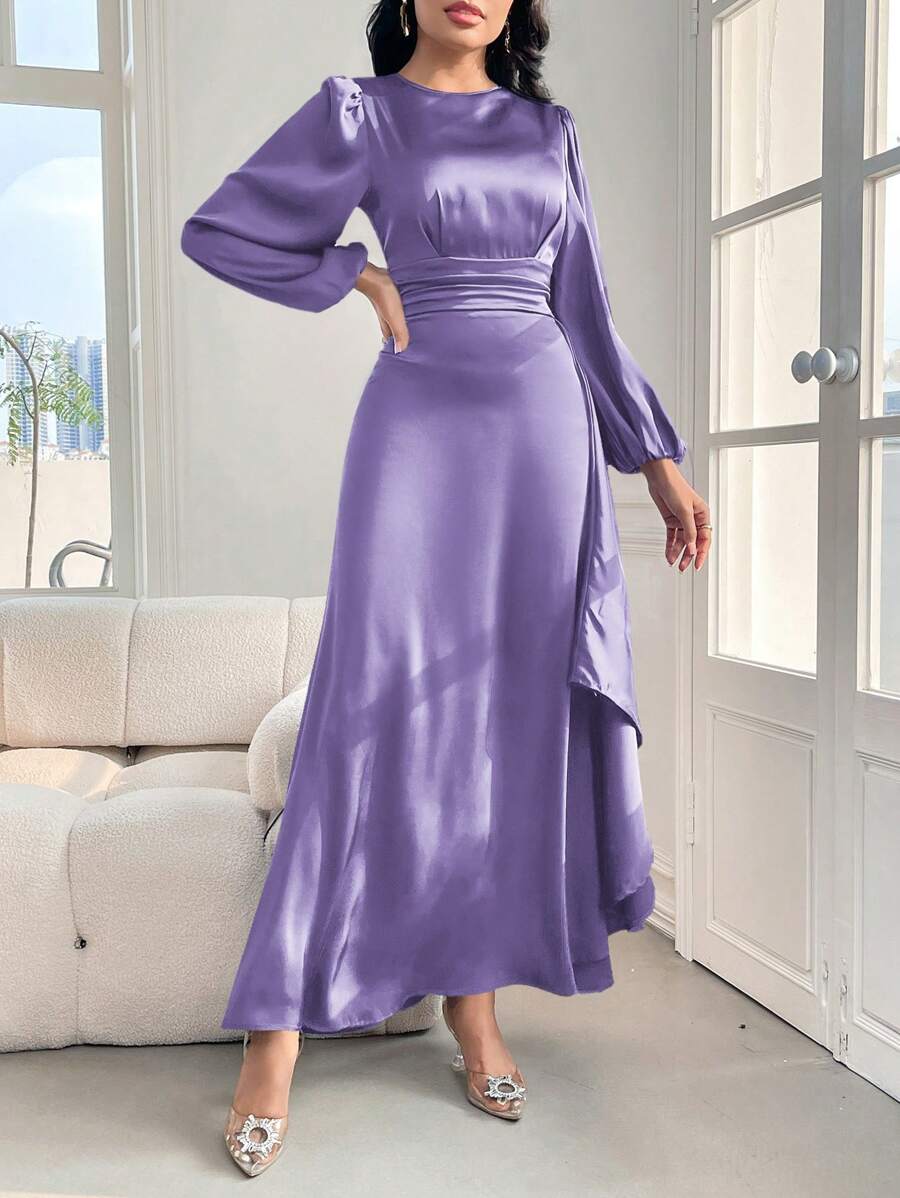 Modelyn 灯笼袖褶饰腰缎面连衣裙长款晚礼服 - 紫色 - 查看 1
