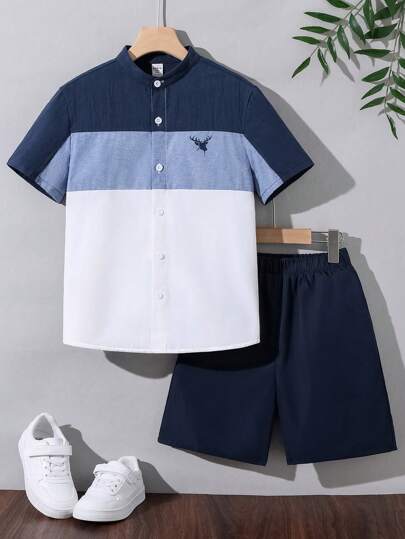 SHEIN Teen Boys Casual Short Sleeve Color Block Logo Printed Shirt Top With Shorts Set Made With  And  Cotton