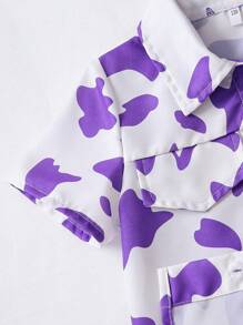 SHEIN Summer Anti-Wrinkle Camp Collar Shirt For Infants, Girls Floral Half Sleeve Button Down Top - Purple - View 4