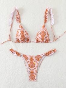 SHEIN Swim Conjunto de bikini sexy con estampado floral y volante para mujer para playa de verano, impresión aleatoria