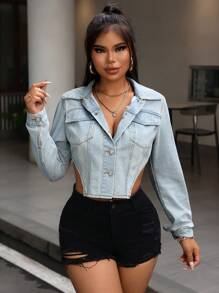 SHEIN SXY Jaqueta Assimétrica com Bolso de Aba em Denim