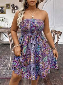 SHEIN Clasi 夏季大码波西米亚风拼布印花露肩褶皱连衣裙 - 紫色 - 查看 4