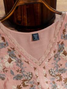 Linhara 夏季加大花朵刺绣灯笼袖衬衫