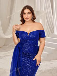 Faeriesty Plus Off Shoulder Ruched Draped Side Sequin Formal Dress Elegant Prom Evening Wedding Guest Gown, For Graduation, Dinner Party Dress