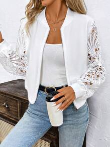 SHEIN Clasi Contrast Lace Lantern Sleeve Bomber Jacket,Fall Clothes - White - View 4