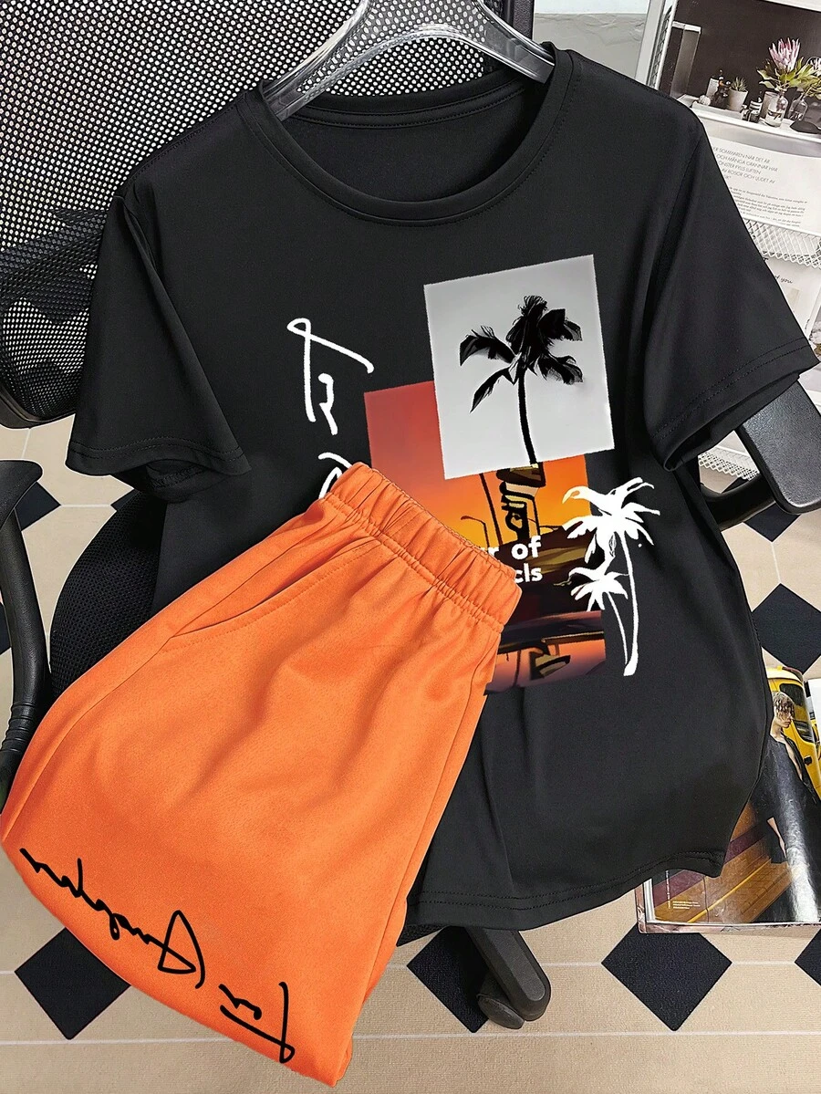 Ensemble de t-shirt à manches courtes imprimé coucher de soleil avec palmiers urbains et short pour ados, 2 pièces