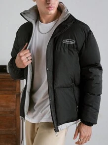 RueChic Men Letter Embriodery Puffer Coat - Black - View 6