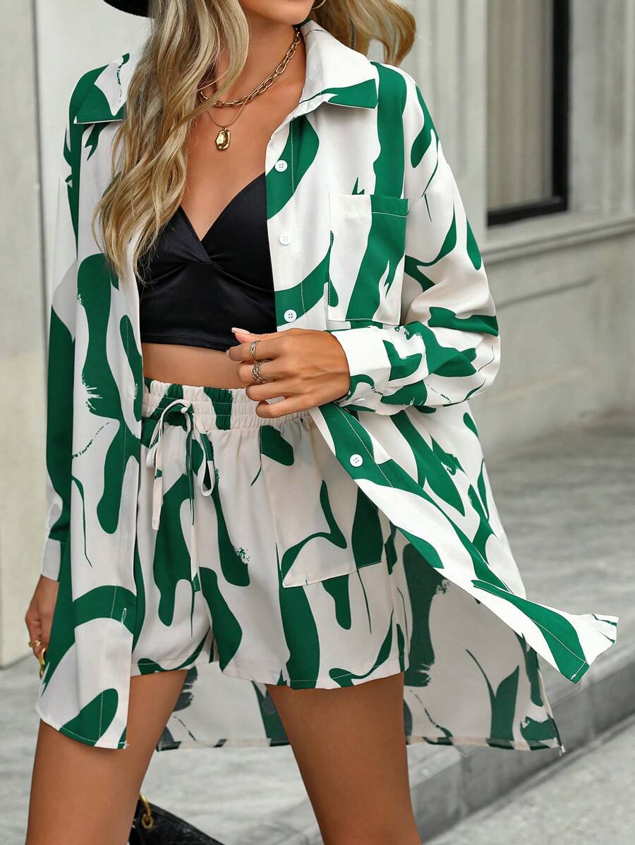 SHEIN LUNE Geo Print Drop Shoulder Shirt & Knot Front Shorts - Green - View 1