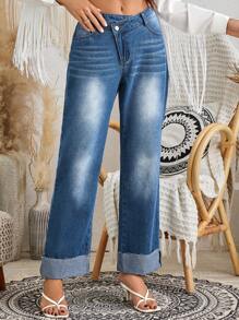 SHEIN VCAY 女式藍色寬鬆捲邊寬褲，性感 - 中等水洗藍 - 查看 1