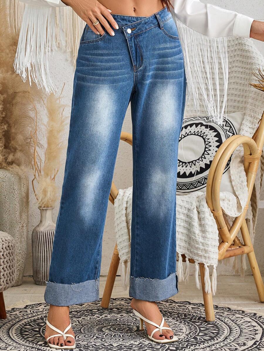 SHEIN VCAY 女式藍色寬鬆捲邊寬褲，性感 - 中等水洗藍 - 查看 1