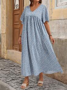 EMERY ROSE Plus Size Women's Vacation Loose Ditsy Floral V-Neck Short Sleeve Babydoll Teacher Dress For Summer,Beach Sundress,Holiday Outfits Boho,Flower/Spring - Blue - View 5