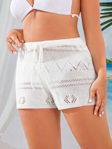Plus Hollow Out Tie Front Cover Up Shorts For Summer Vacation