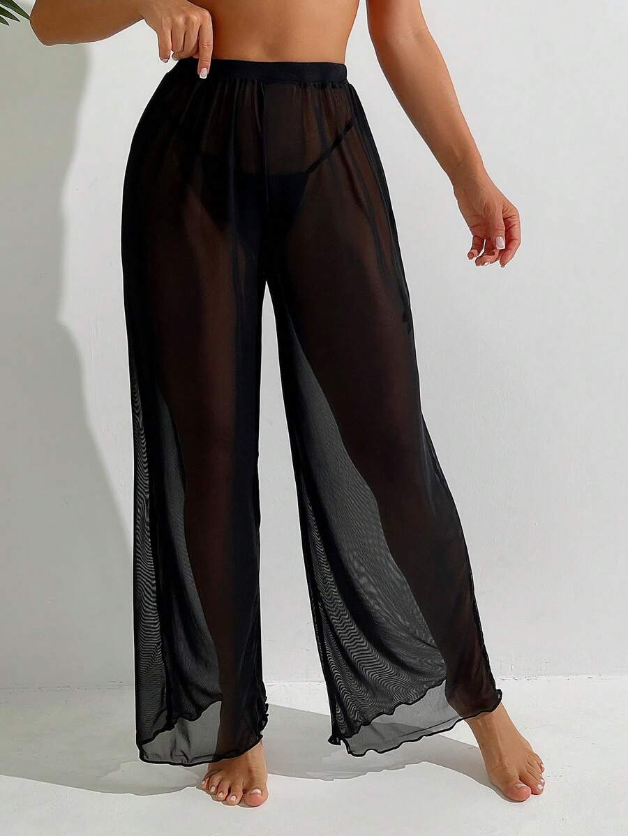 Swim Basics Solid Sheer Mesh Cover Up Pants Summer - Black - View 1