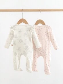 Cozy Pixies 新生兒女寶寶，2入組可愛針織柔軟圓領長袖連腳爬服套裝，帶有花朵和雲羊圖案 - 粉色 - 查看 2