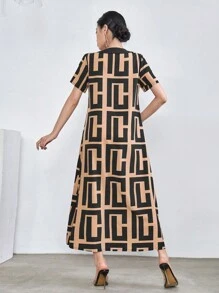 Al Najma Geo Print V Neck Dress - Khaki - View 2