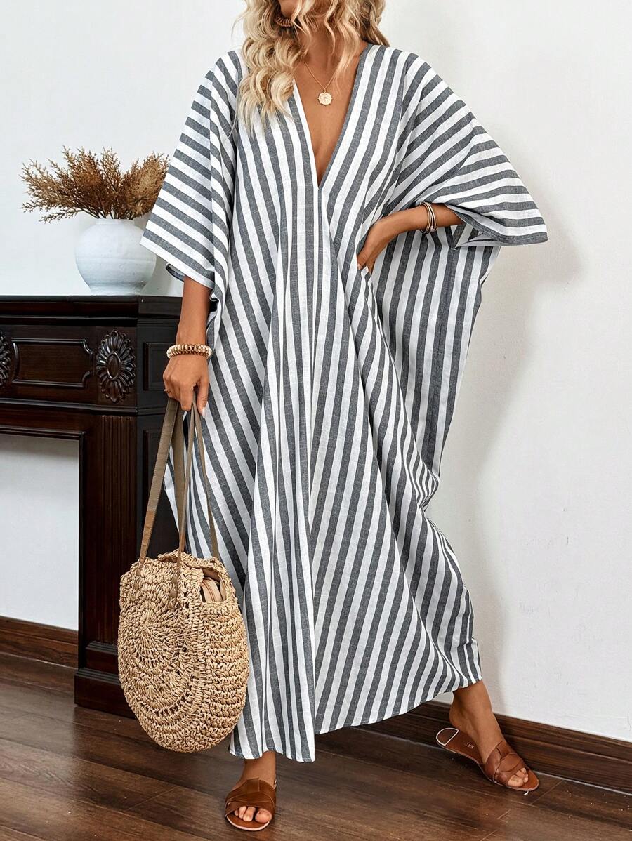 Breezaya Striped Print Batwing Sleeve Casual Dress For Summer Maxi Women Outfit - Dark Grey - View 1