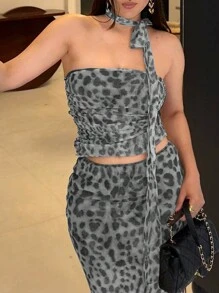 INAWLY Leopard Halter Top & Draped Side Skirt - Grey - View 3