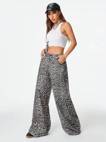 SHEIN EZwear Women's Y2K Streetwear Cool And Versatile Vintage Leopard Print Low Waist Wide Leg Pants - Khaki - View 6