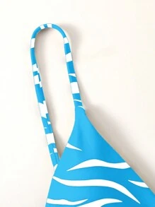 SHEIN Swim Summer Beach Bikini Top, Random Print - Blue and White - View 3