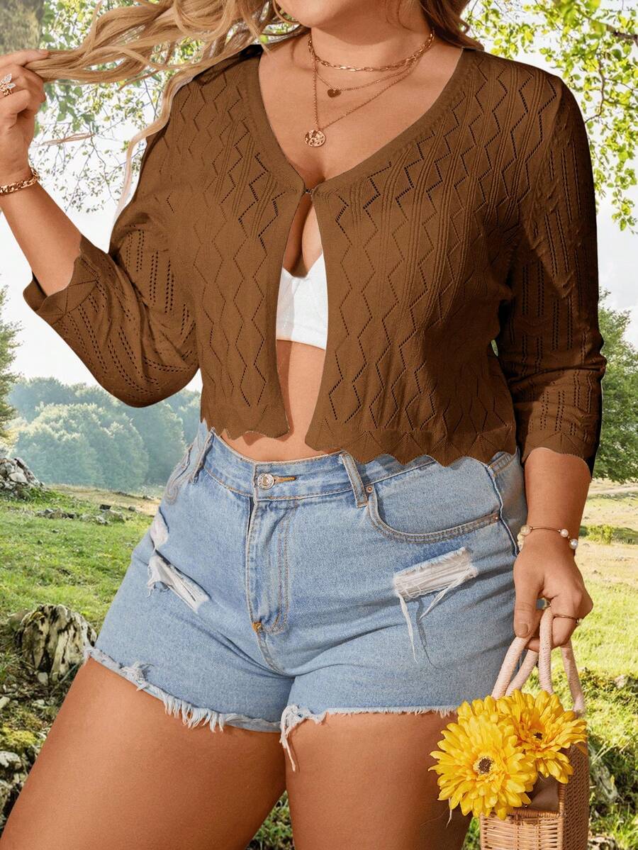 SHEIN Holidaya 點綴針織短款開襟羊毛外套，適合日常穿著 - 棕色 - 查看 1
